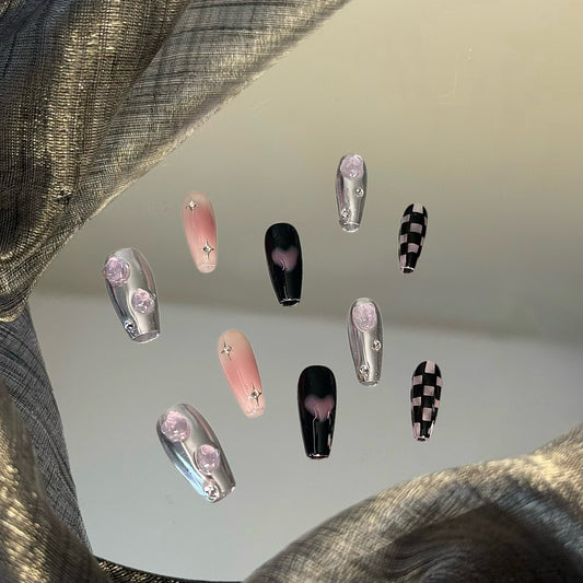 Y2K Pink Black Plaid Nails