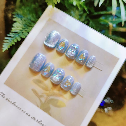 Blue Crystal Bear Cat Eye Nails